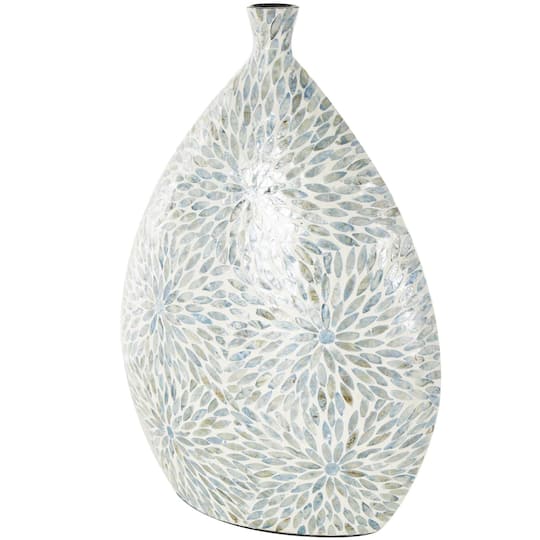 24.25" Blue & Cream Floral Mosaic Mother of Pearl Vase